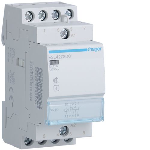 Hager- Contactor 25A, 4P,  12V DC, 2ND+2NI, Silentios