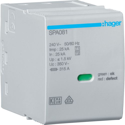 Hager SPD- Descarcator supratensiune Tip 1+2,  25kA, cartus pentru SPA80x
